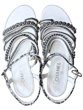 Chanel White Tweed Chain Sandals with Silver Hardware Size 40 | 10